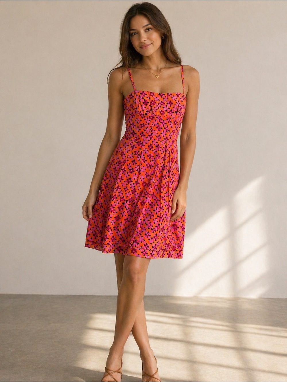 Nanette Lepore 100% Silk Floral Mini Dress Pink Orange Size 2